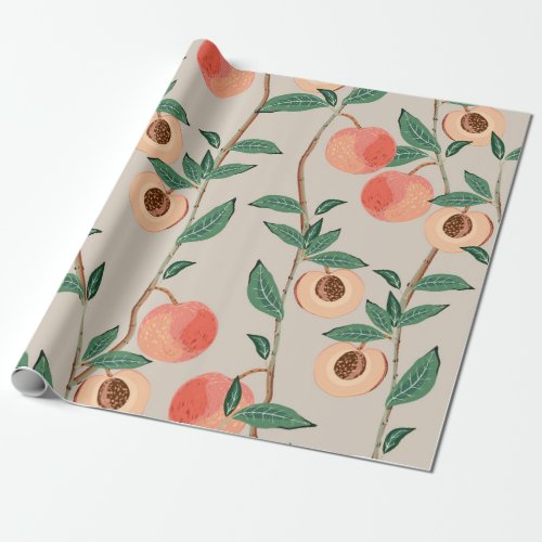 Peach tree branches with leaves and fruits on a li wrapping paper