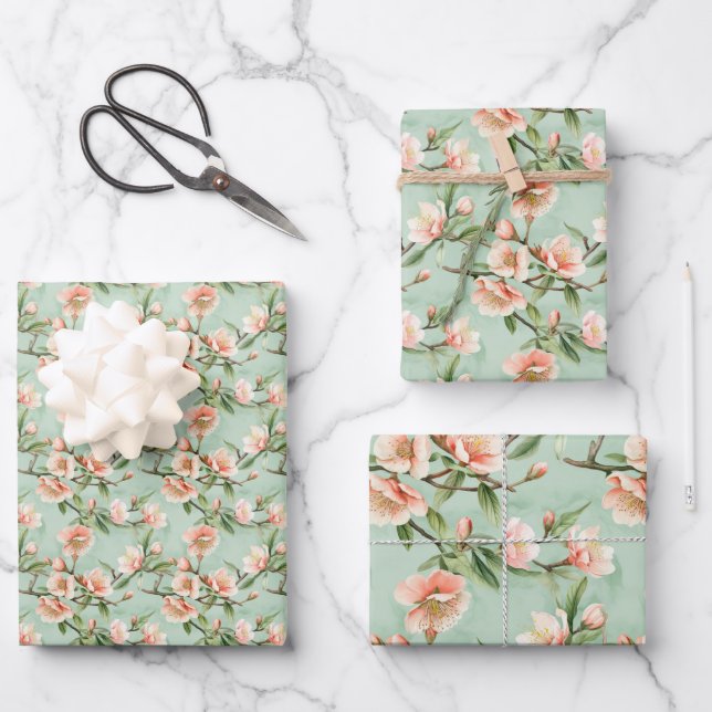 Peach Tree Flowers Floral Botanical Blossom Print Wrapping Paper Sheets (Front)