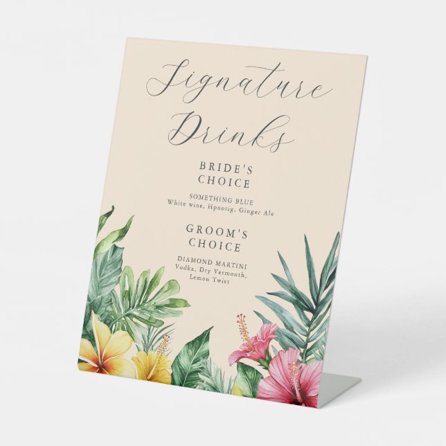 Peach Tropical Floral Signature Drinks Wedding Pedestal Sign (Front)