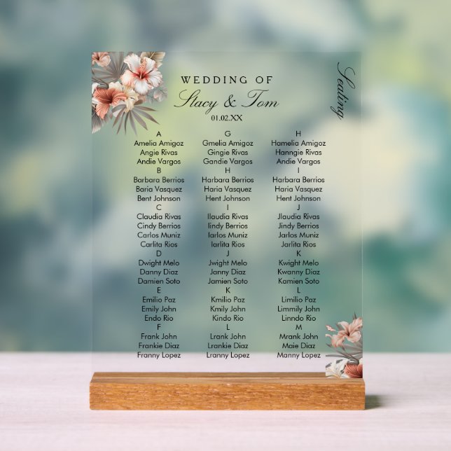 Peach Tropical Florals Elegant Wedding Seating Acrylic Sign (Neutral)