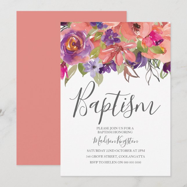 Peach Tropical Flowers Boy Girl Baptism Invite (Front/Back)