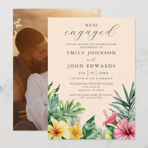 Peach Tropical Flowers Engagement Party Photo Invitation