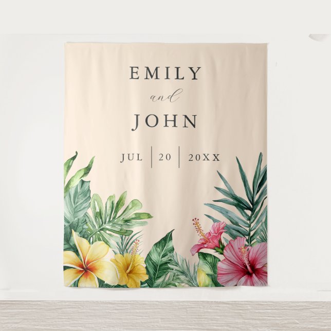 Peach Tropical Flowers Wedding Photo Backdrop (Front)