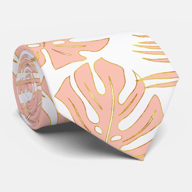 Peach tropical monstera and palm leaves neck tie (Rolled)