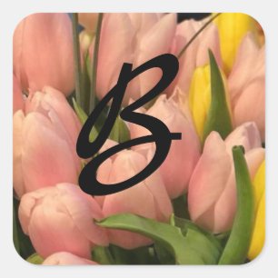 Peach Tulip Monogram Design Square Sticker