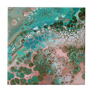 Peach & Turquoise Acrylic Pour Abstract Ceramic Tile