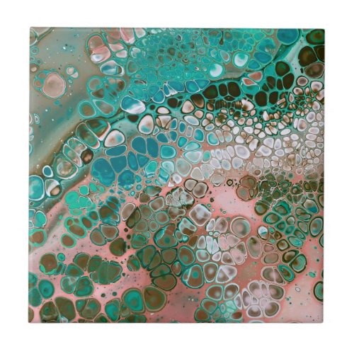 Peach  Turquoise Acrylic Pour Abstract Ceramic Tile