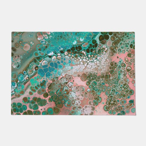 Peach  Turquoise Acrylic Pour Abstract Doormat