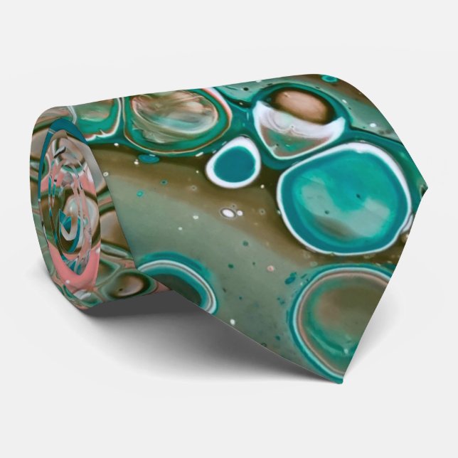 Peach & Turquoise Acrylic Pour Abstract Neck Tie (Rolled)