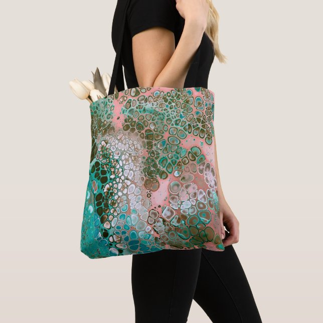 Peach & Turquoise Acrylic Pour Abstract Tote Bag (Close Up)