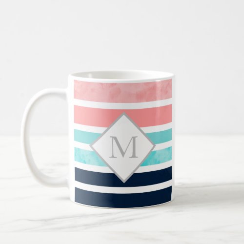 Peach Turquoise Indigo White Stripes Coffee Mug