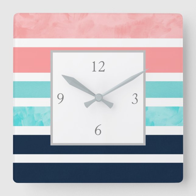 Peach, Turquoise, Indigo, White Stripes   Square Wall Clock (Front)