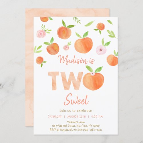 Peach Two Sweet Second Birthday Invitation