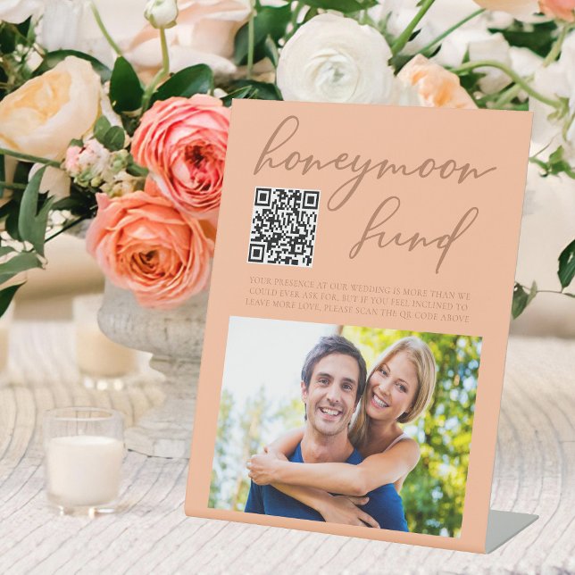 Peach Typography Wedding Photo Honeymoon Fund Pedestal Sign (Creator Uploaded)