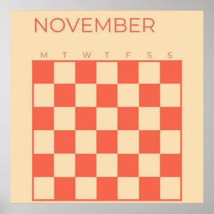 Peach Undated Checkered November Monthly Calendar Poster