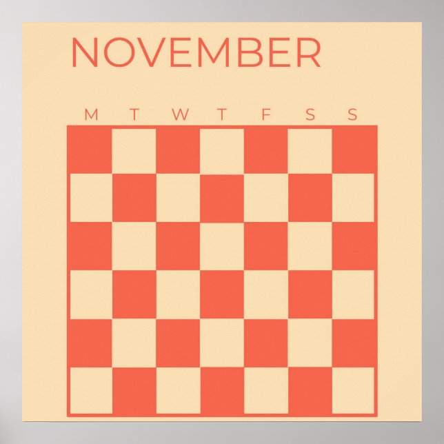 Peach Undated Checkered November Monthly Calendar Poster (Front)
