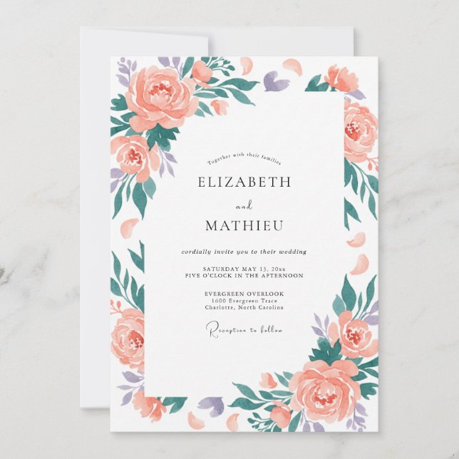 Peach Verdant Floral Wedding Invitation (Front)