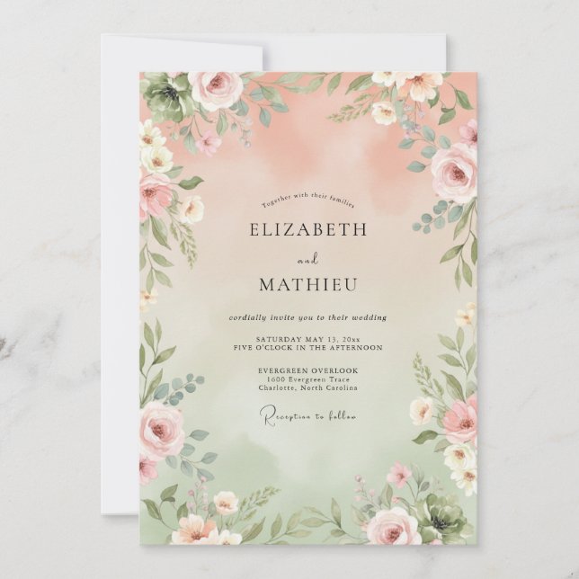 Peach Verdant Romantic Wedding Invitation (Front)
