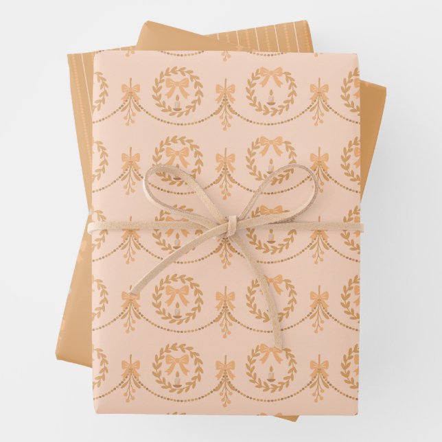 Peach Victorian Mistletoe and Wreath Gift Wrap (In situ)