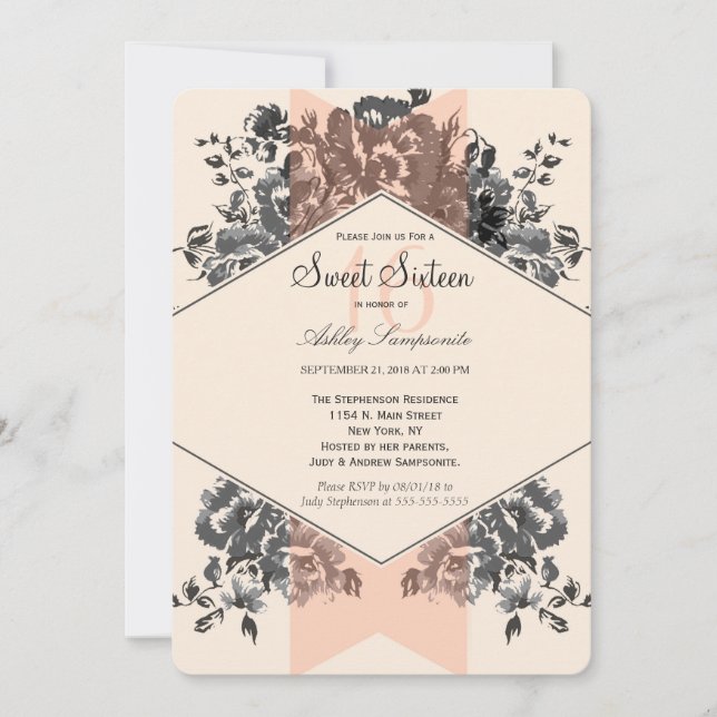 Peach Vintage Floral and Stripe Invitation (Front)