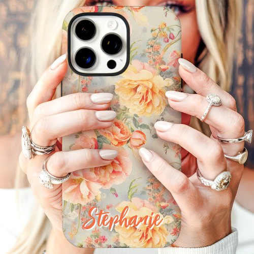 Custom Phone Cases 4 Peach Vintage Floral Custom Name Iphone 16 Pro Max Case