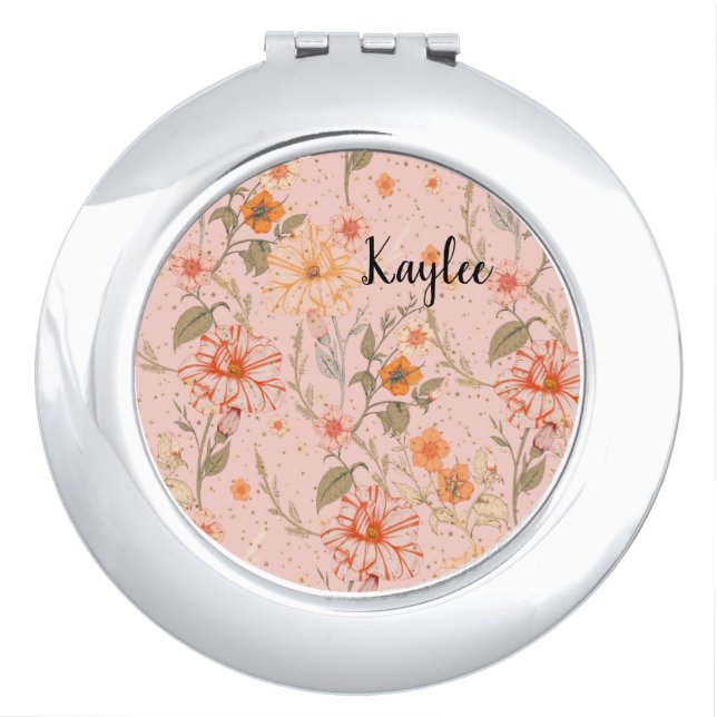 Peach Vintage Floral Design Compact Mirror (Front)