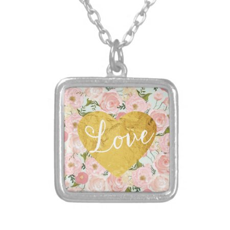 Peach Vintage Floral Fake Gold Love Heart Girly Silver Plated Necklace