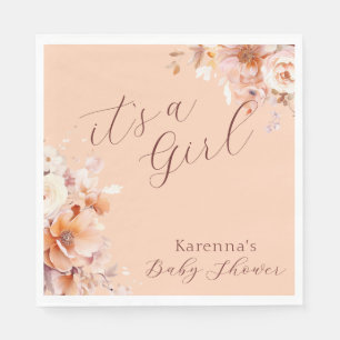 Peach Vintage Floral Fall It's a Girl Baby Shower Napkins
