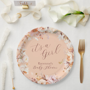 Peach Vintage Floral Fall It's a Girl Baby Shower Paper Plates