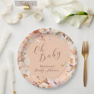 Peach Vintage Floral Fall Oh Baby Shower Paper Plates