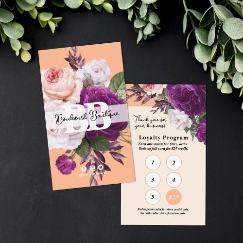 Peach Vintage Floral Service Loyalty 5_Stamp Punch Business Card
