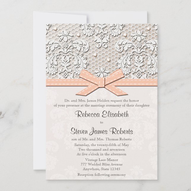 Peach Vintage Lace and Pearl Wedding Invitations (Front)
