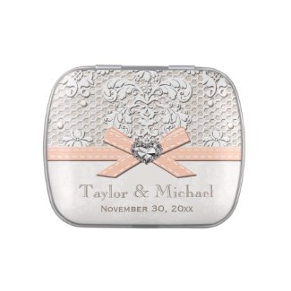 Peach Vintage Lace Pearls Glamour Wedding Favor Jelly Belly Tin