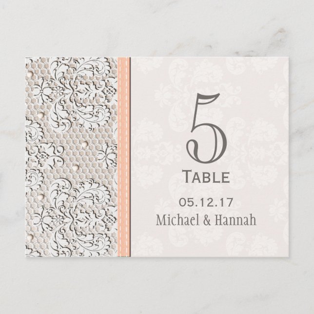 Peach Vintage Lace Wedding Table Number Card (Front)