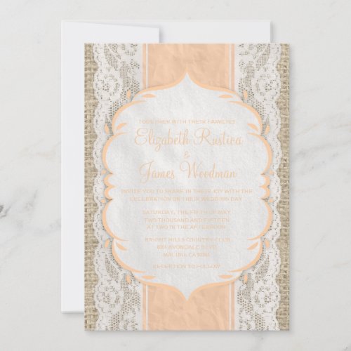 Peach Vintage Linen Burlap Lace Wedding Invitation