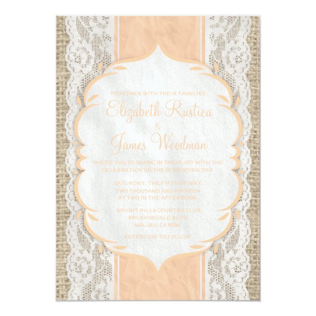 Peach Vintage Linen Burlap Lace Wedding Invitation