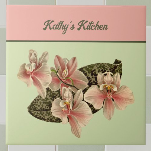 Peach Vintage Orchid Botanical Image Monogram Ceramic Tile