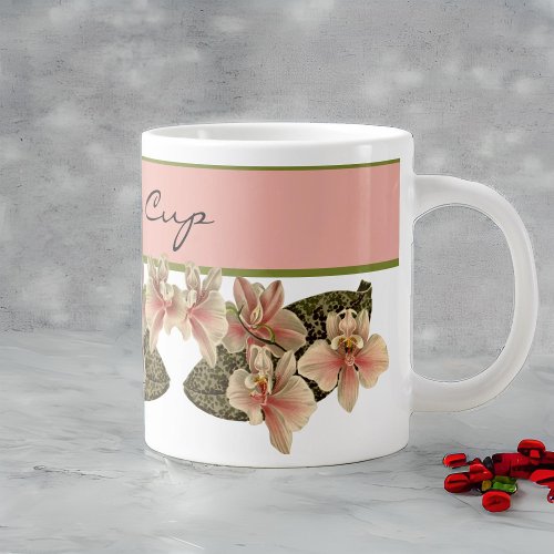 Peach Vintage Orchid Botanical Image Monogram Giant Coffee Mug