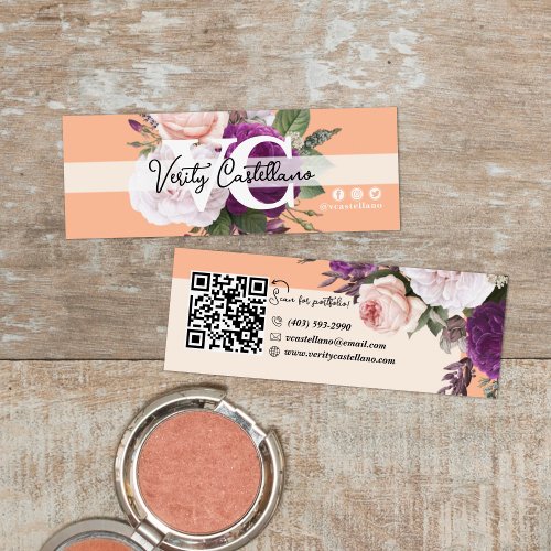 Peach Vintage Rose Floral Modern Personal QR Mini Business Card