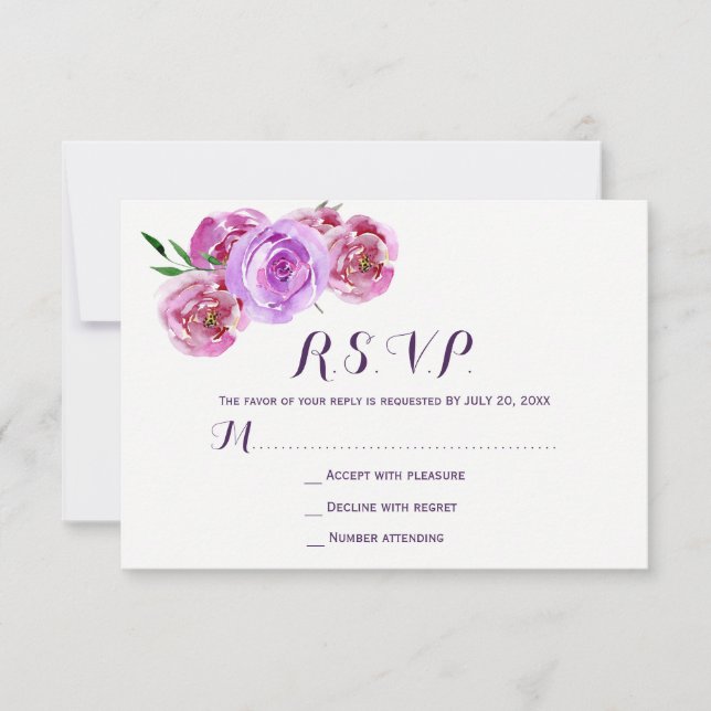 Peach violet plum peonies floral wedding RSVP Card (Front)