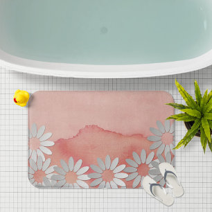 Peach Watercolor and White Flowers Bath Mat