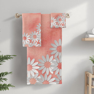 Peach Watercolor and White Flowers Bath Towel Set