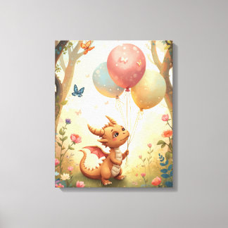 Peach Watercolor Baby Dragon Balloons Nursery Canvas Print