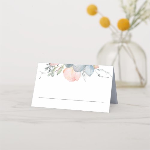 Peach Watercolor Blossoms Dusty Blue Wedding Place Card
