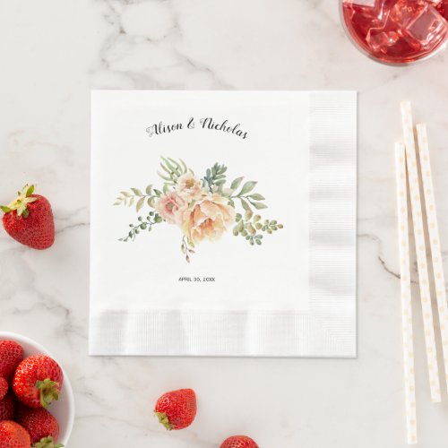 Peach watercolor cactus flowers floral wedding napkins