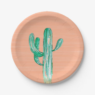 Peach Watercolor Cactus Southwestern Wedding Paper Plates