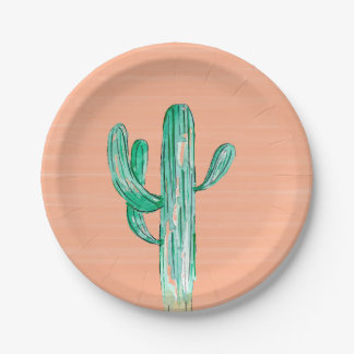 Peach Watercolor Cactus Southwestern Wedding Paper Plates