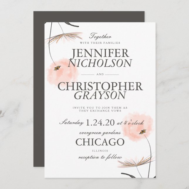 Peach Watercolor Dandelion Wedding Invitation (Front/Back)