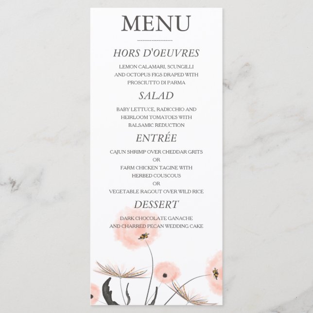 Peach Watercolor Dandelion Wedding Menu (Front)
