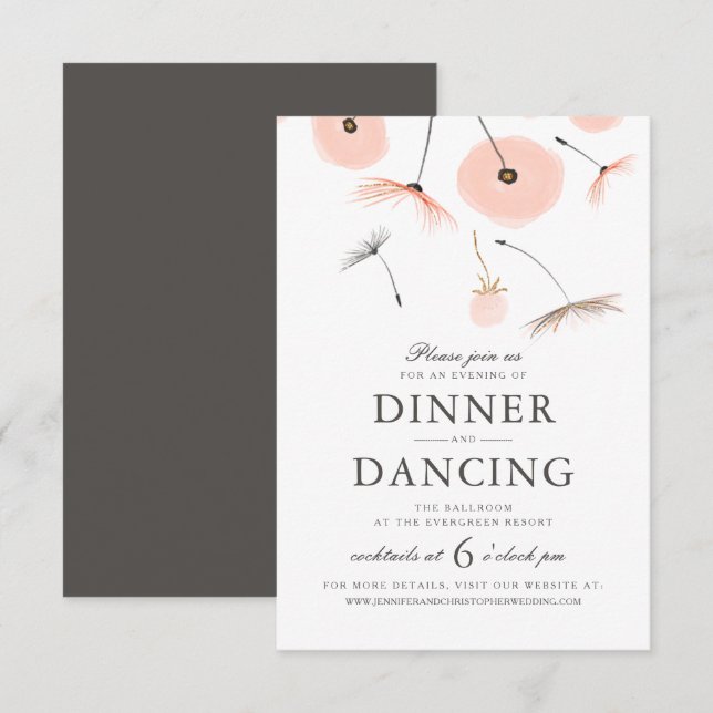 Peach Watercolor Dandelion Wedding Reception card (Front/Back)
